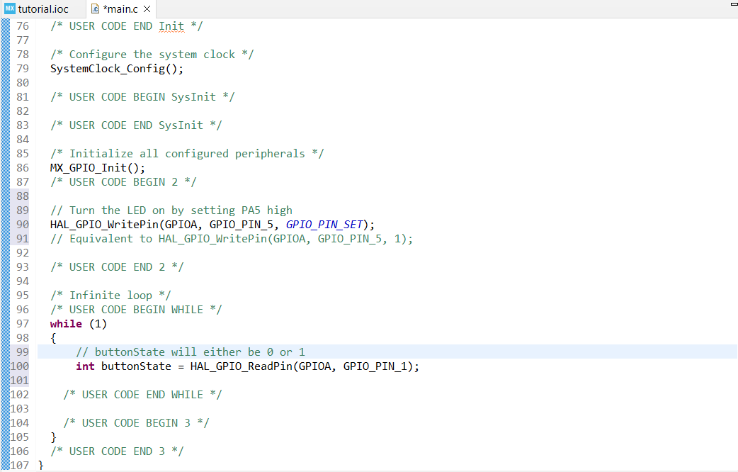 Example use of HAL_GPIO_ReadPin and HAL_GPIO_WritePin