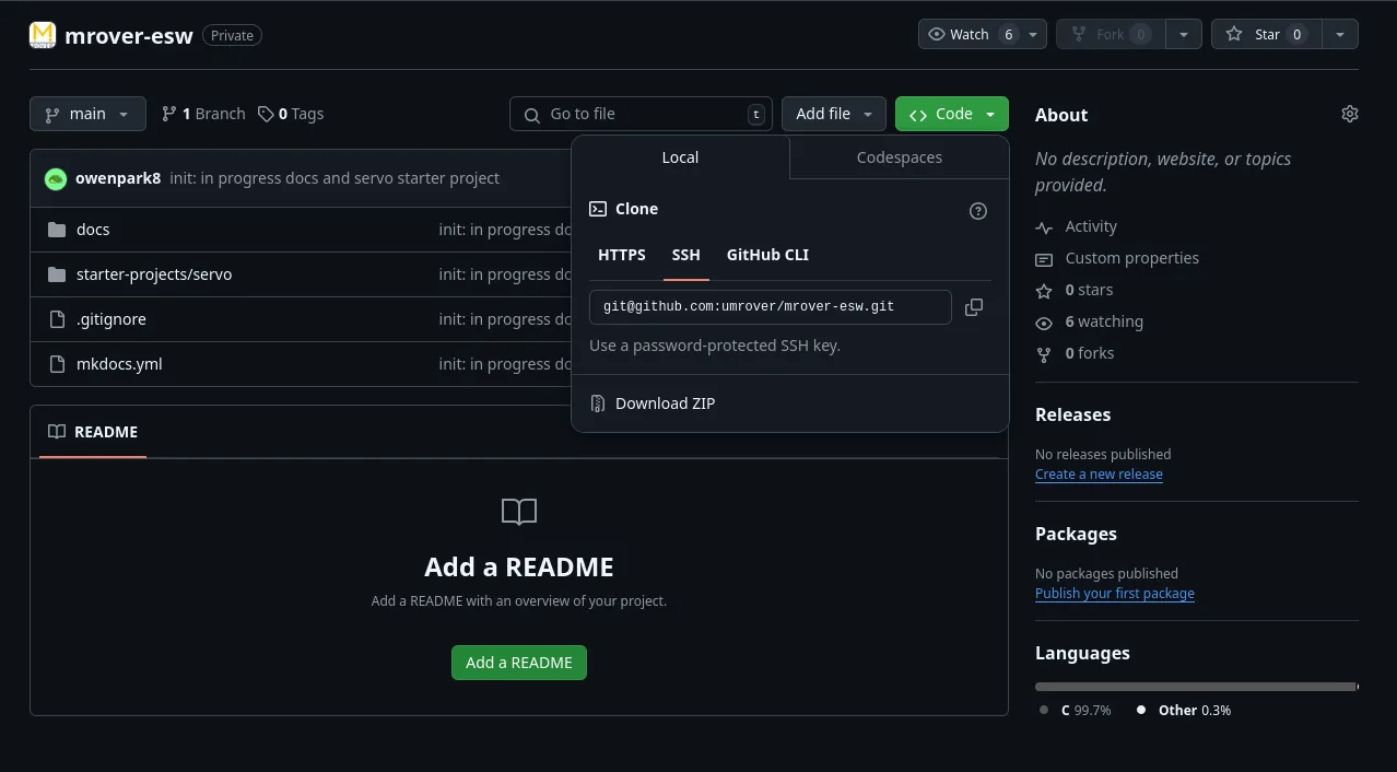 opened "Code" tab with boxes showing how to copy the SSH URL