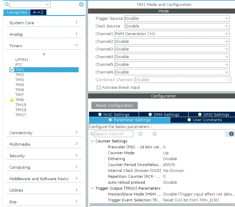 timer 1 configuration in stm32cubeide