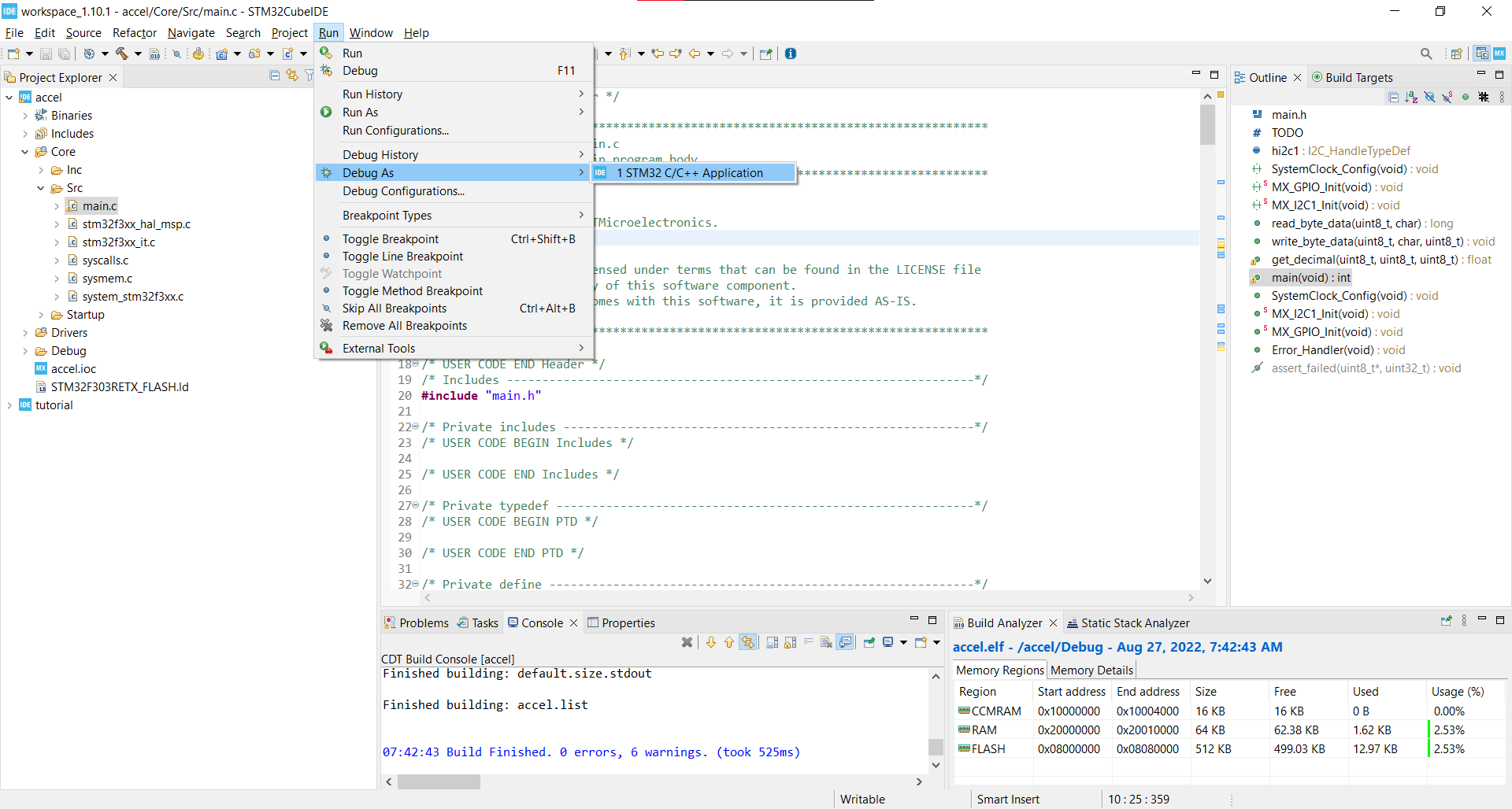The Run, Debug As, STM32 C/C++ Application menu path in CubeIDE