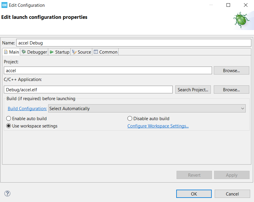 The debug configuration prompt, which can be accepted as-is