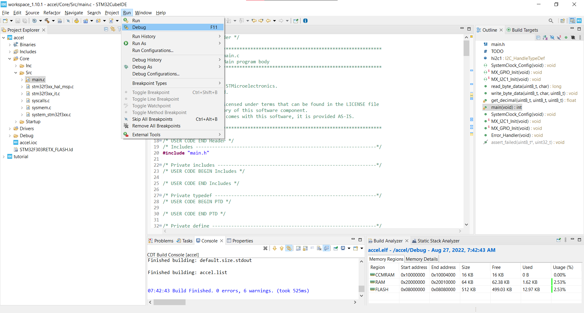 The CubeIDE debug perspective, paused at a breakpoint